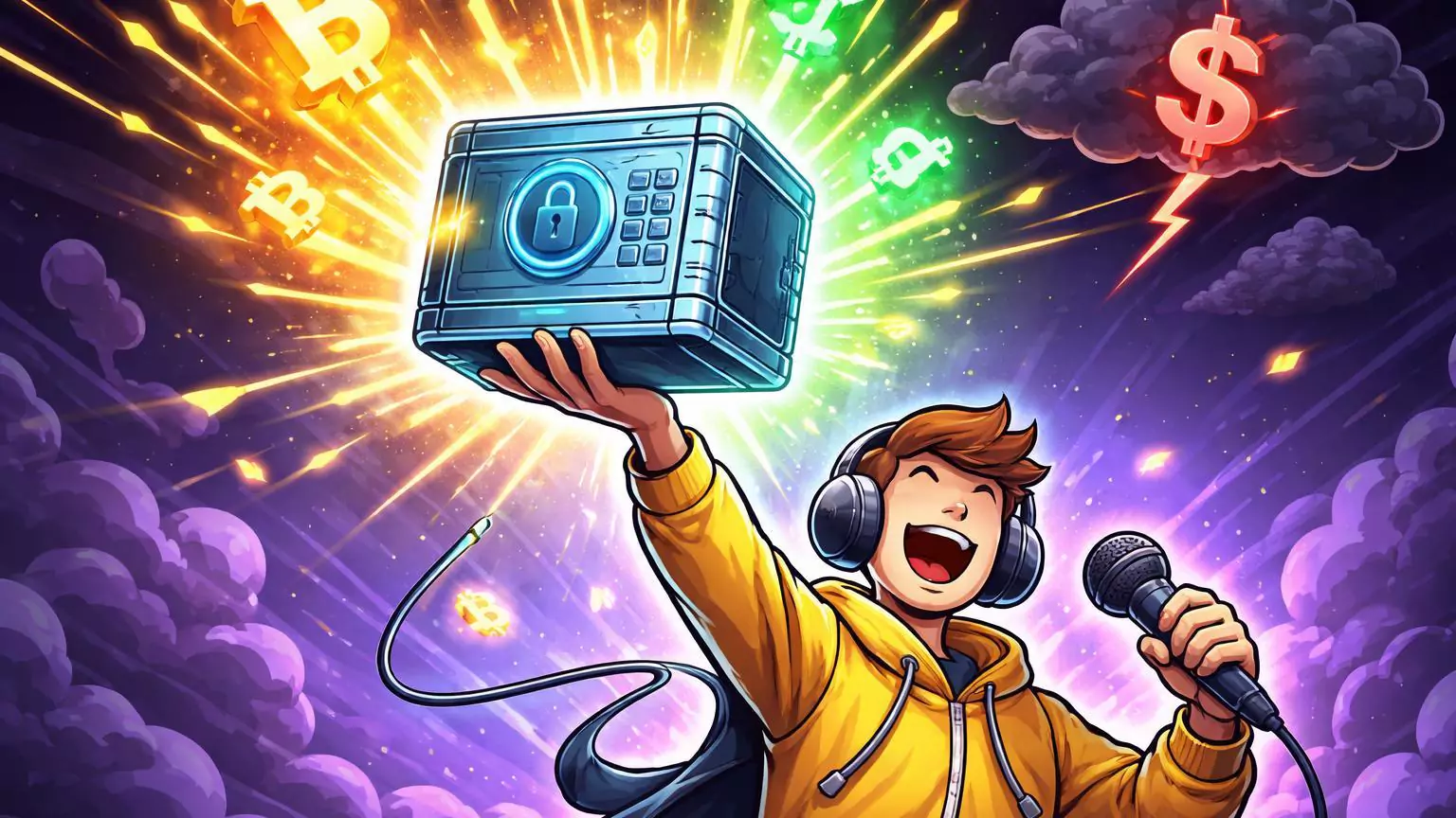 Criador cartoon empunhando carteira Rumble emitindo raios BTC e USDT, evitando nuvem de taxas do YouTube para monetização direta