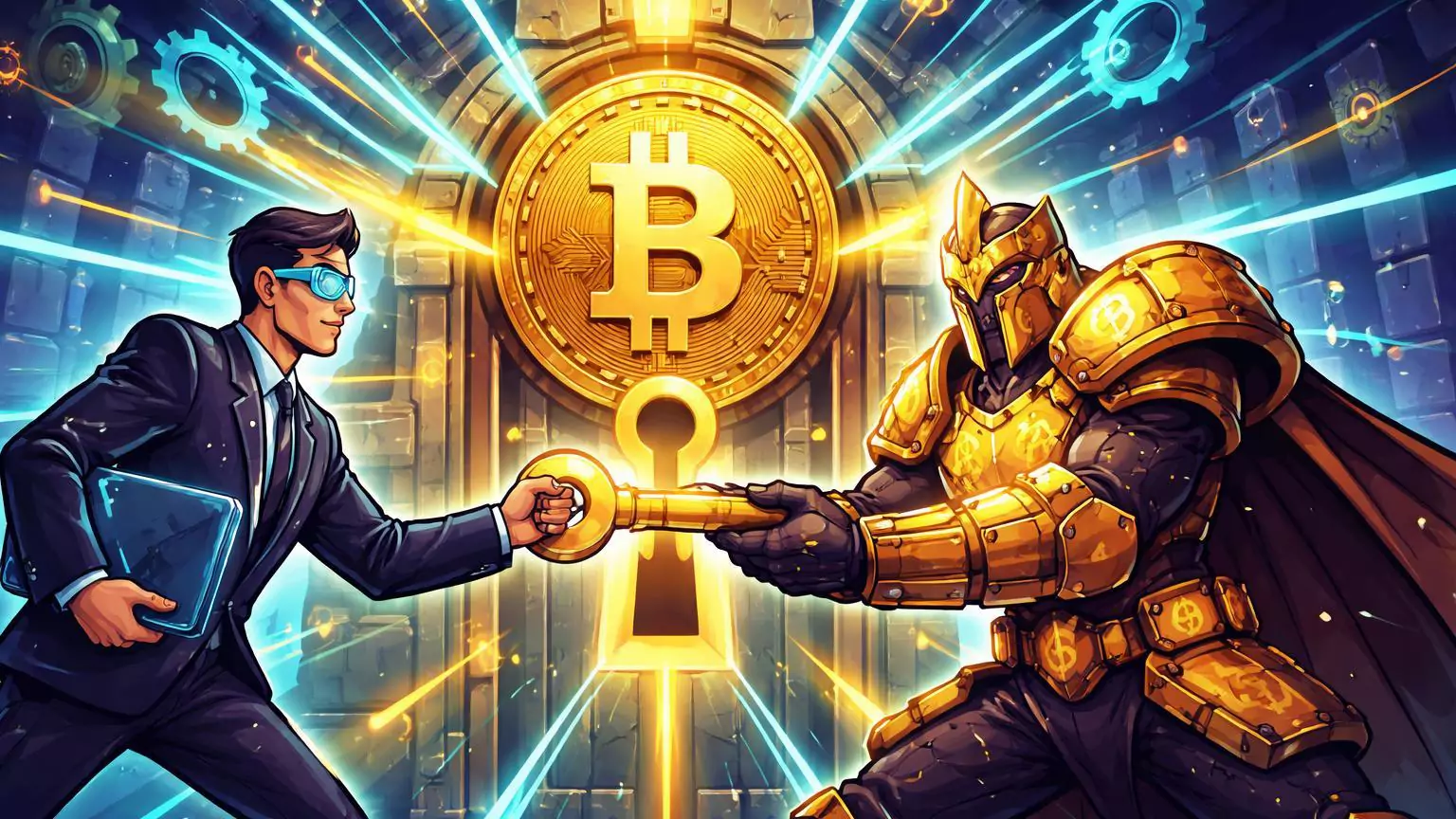 Personagens cartoon de investidor VC e guardião BTC abrindo portal DeFi com yield fluindo, simbolizando captação de US$15M da a16z para Babylon