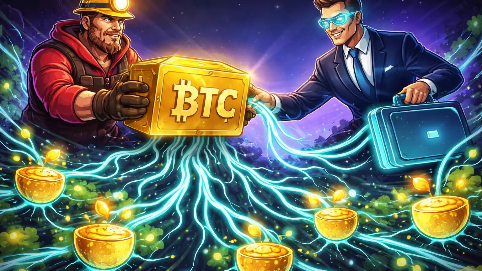 Personagens cartoon de holder BTC e investidor VC conectando Bitcoin a rede DeFi com yield dourado, simbolizando captação da a16z para Babylon