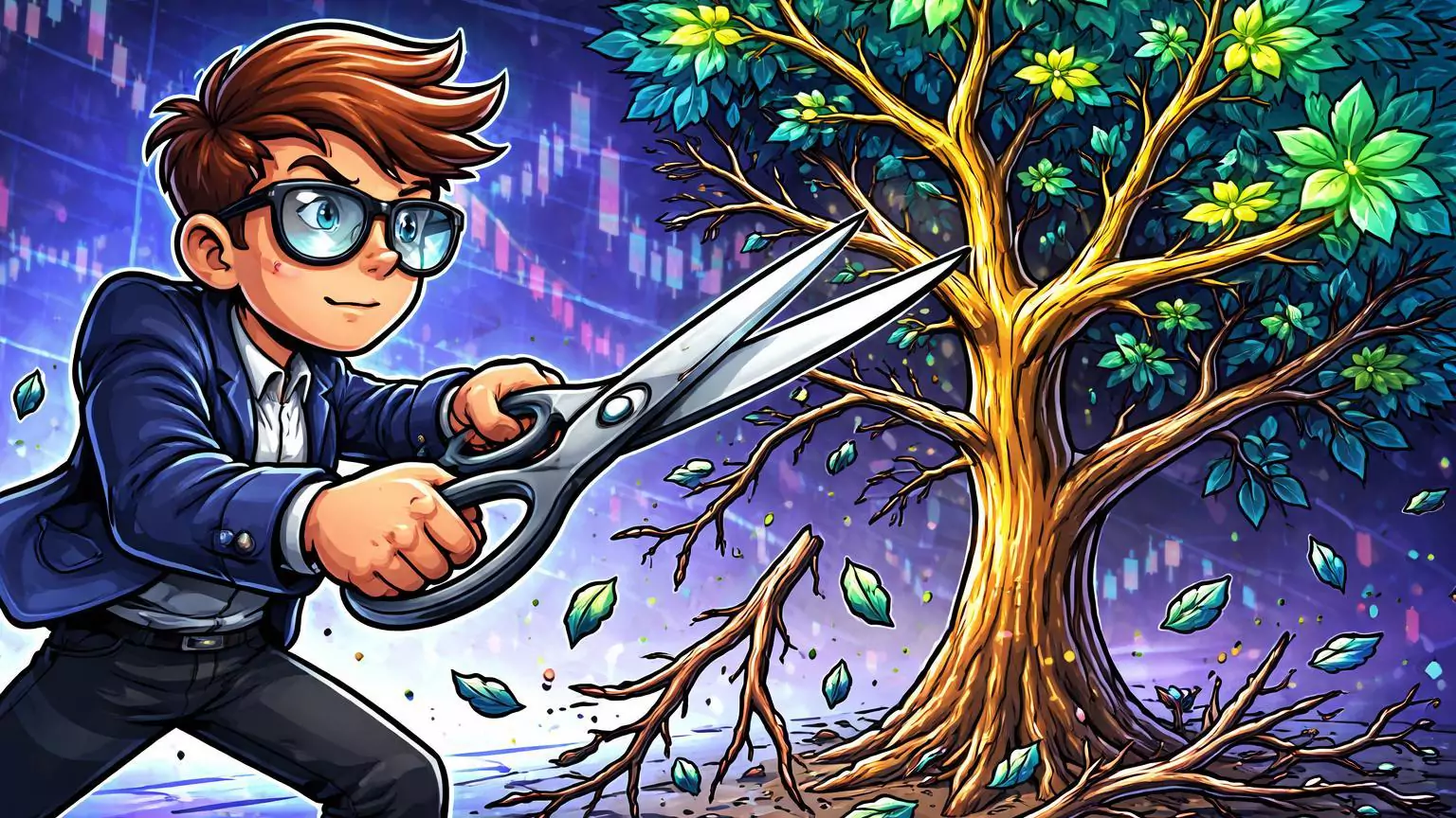 Trader cartoon podando galhos fracos de árvore digital com tesoura, representando delisting de 23 pares spot na Binance por baixa liquidez