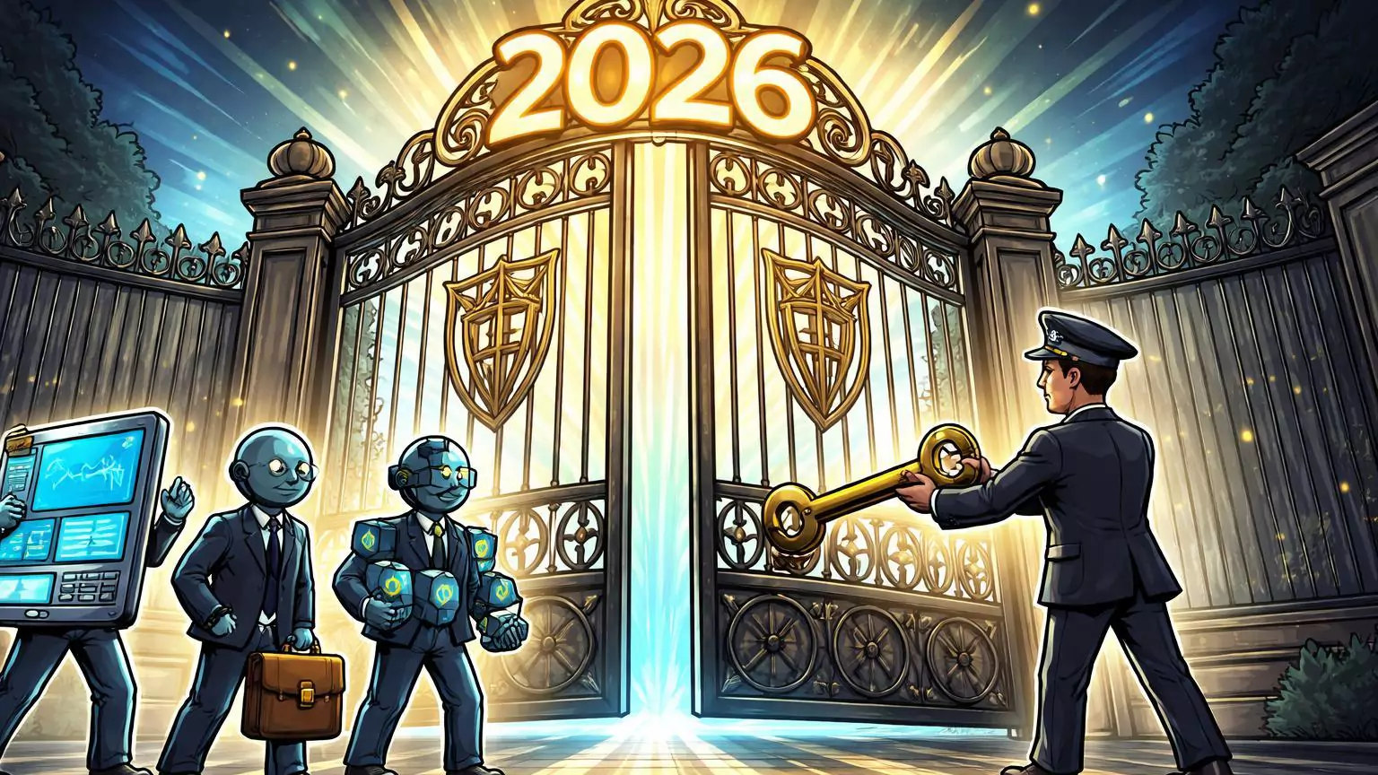 Personagens cartoon de exchanges em fila diante de portões FCA se abrindo com 2026, simbolizando licenças cripto no UK em setembro