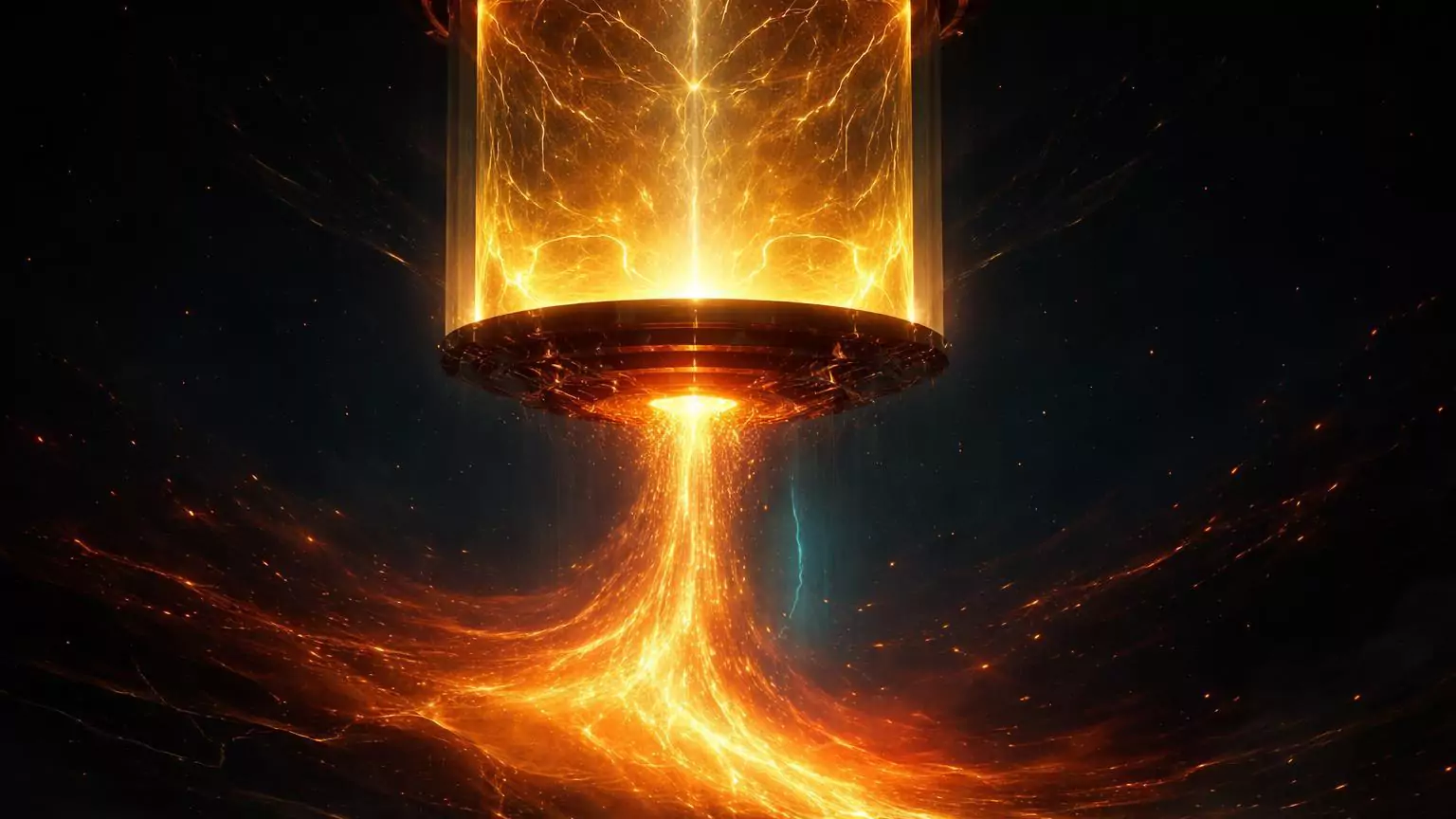 Reservatório hexagonal dourado vazando energia para abismo digital com redemoinho avermelhado, simbolizando saídas recordes de ETFs de Bitcoin