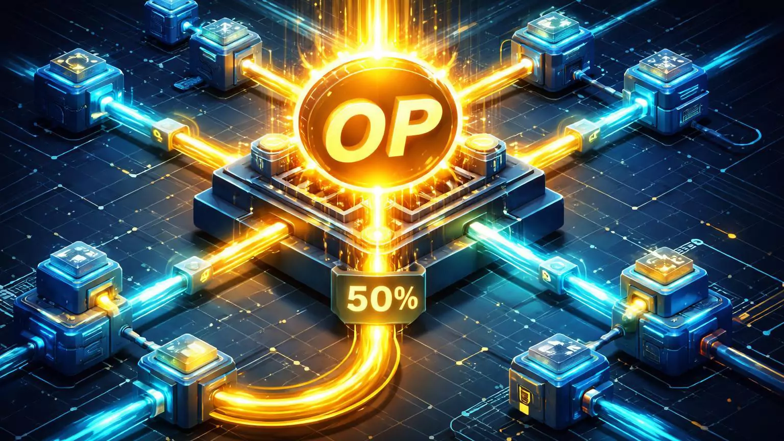 Rede isométrica Superchain direcionando 50% dos fluxos de receita dourados para nó OP central pulsante, simbolizando proposta de buyback
