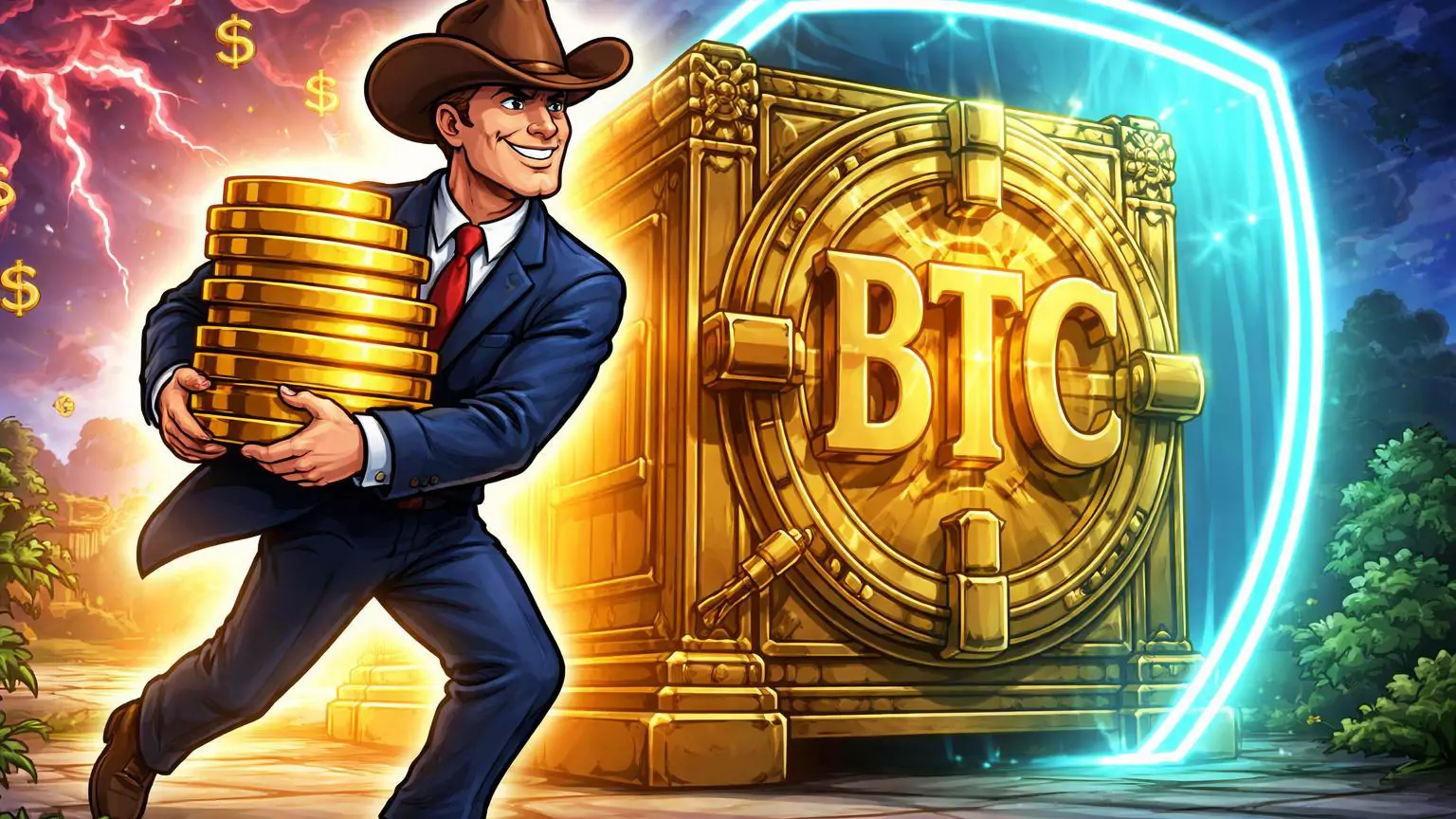 Governador cartoon carregando Bitcoins para cofre estatal com BTC gravado, escudando contra tempestade inflacionária, simbolizando reserva da Flórida