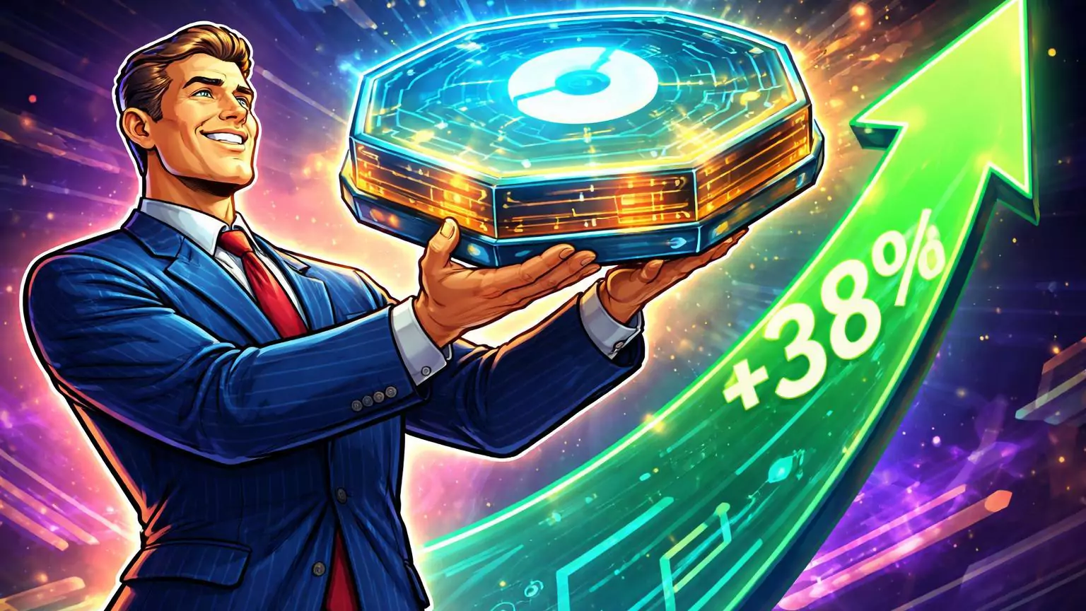 Banqueiro cartoon elevando plataforma cripto luminosa com seta +38% ascendente, simbolizando upgrade otimista da Coinbase pelo Bank of America