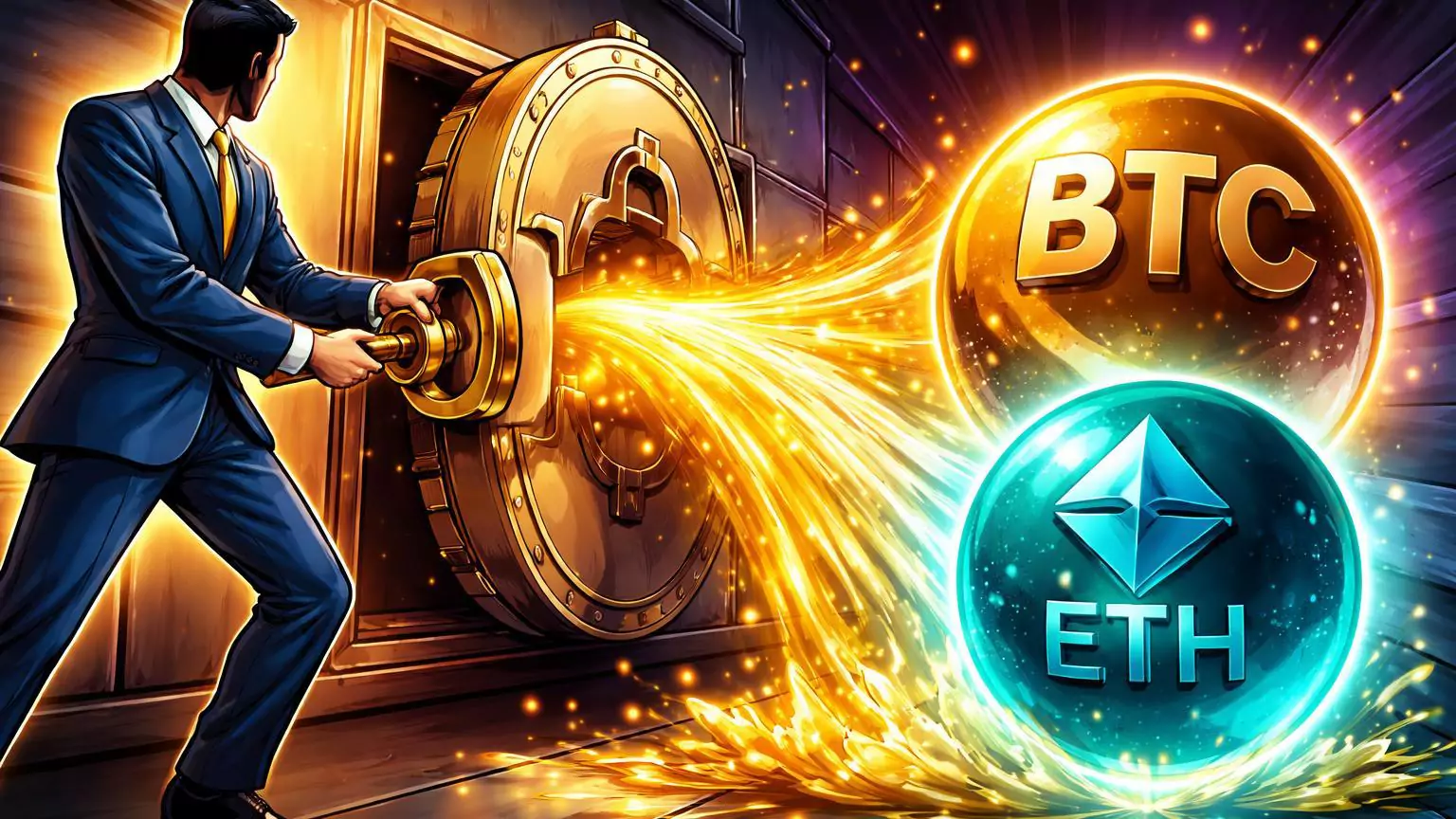 Executivo cartoon abrindo cofre para fluxo dourado alimentar esferas BTC e ETH, simbolizando acumulação bilionária da BlackRock em cripto