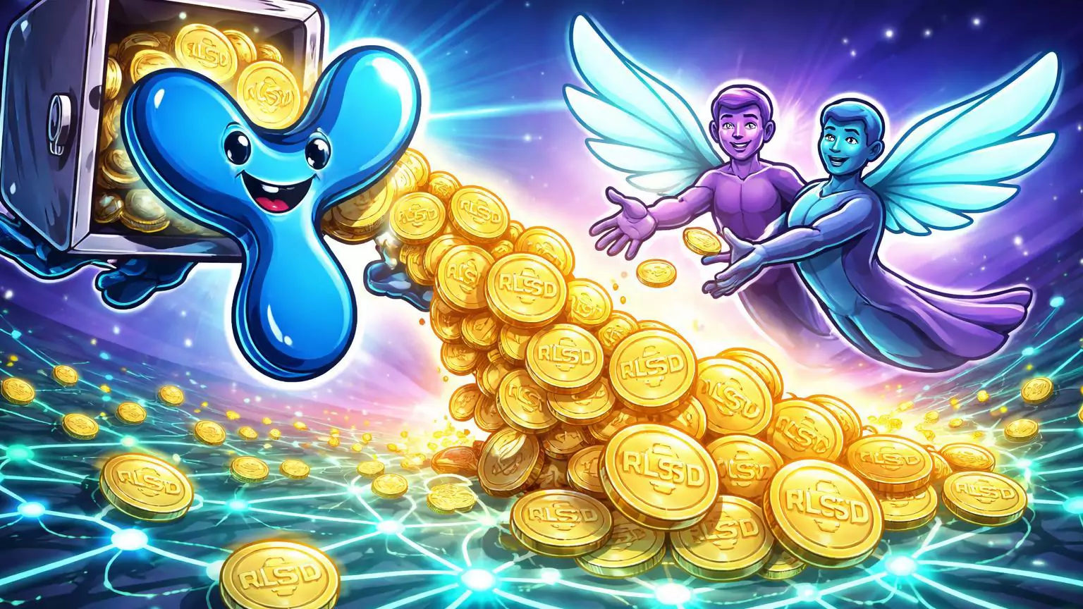 Personagens cartoon de Ripple e Gemini transferindo stablecoins RLUSD para rede XRP, simbolizando expansão de liquidez em pagamentos