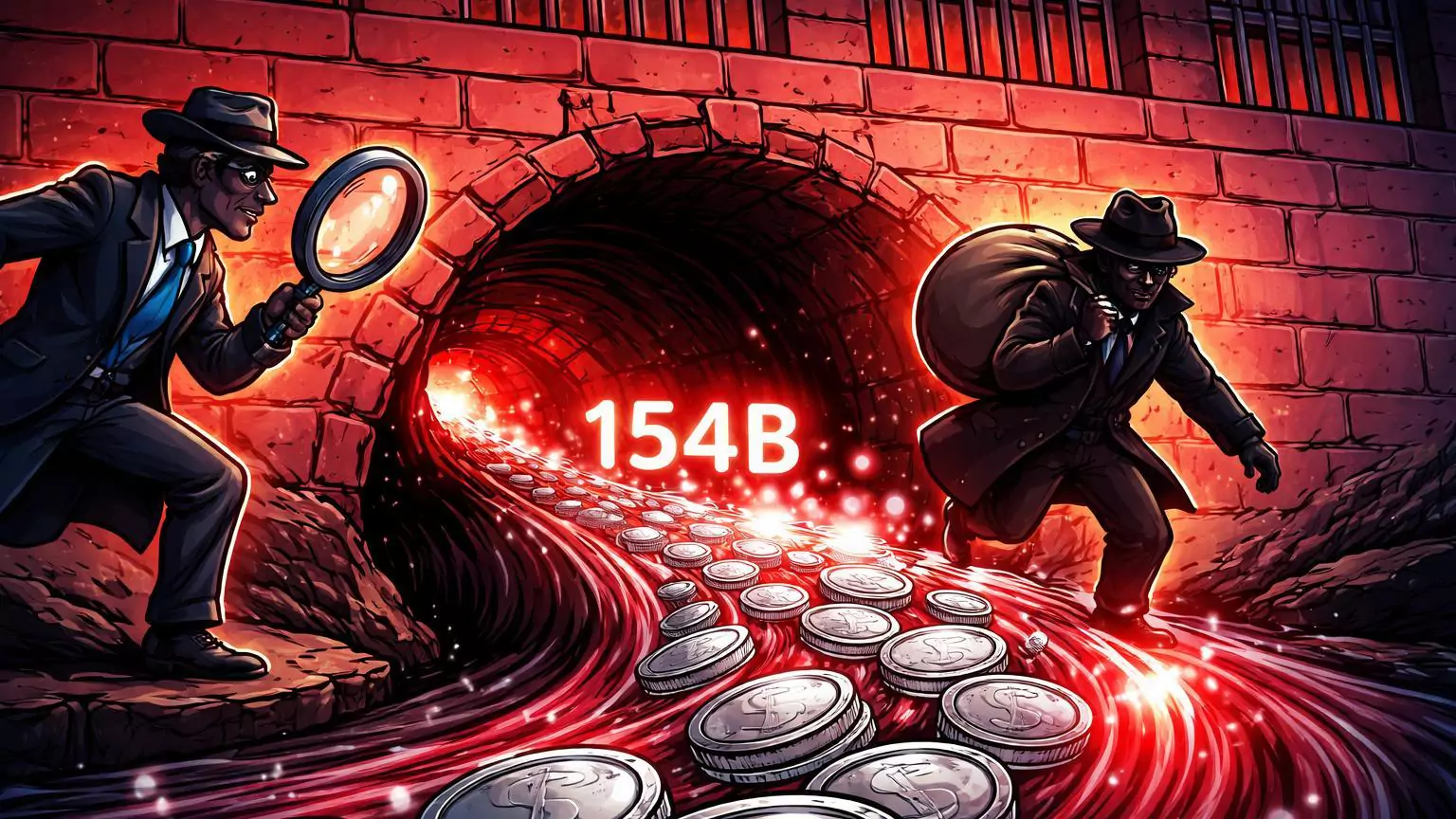 Muro de sanções cartoon com túnel secreto de fluxos ilícitos vermelhos de stablecoins, vigiado por detetive, destacando US$ 154 bi per Chainalysis