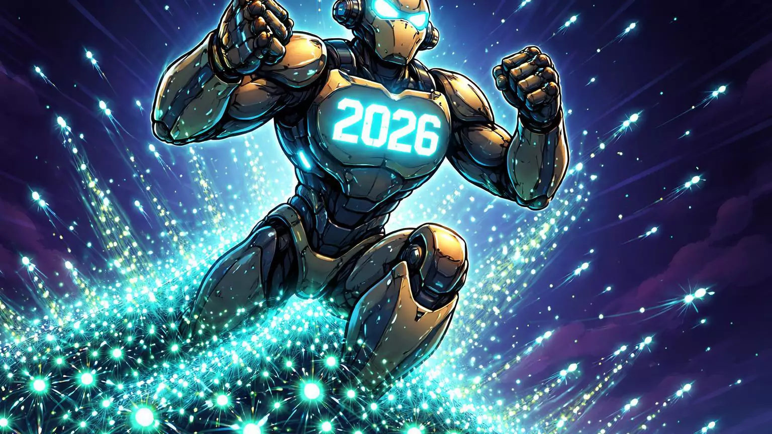 Robô Atlas cartoon em pose triunfante com enxame de microrrobôs cyan formando rede ascendente e '2026' gravado, simbolizando inovações e demanda esgotada em robótica