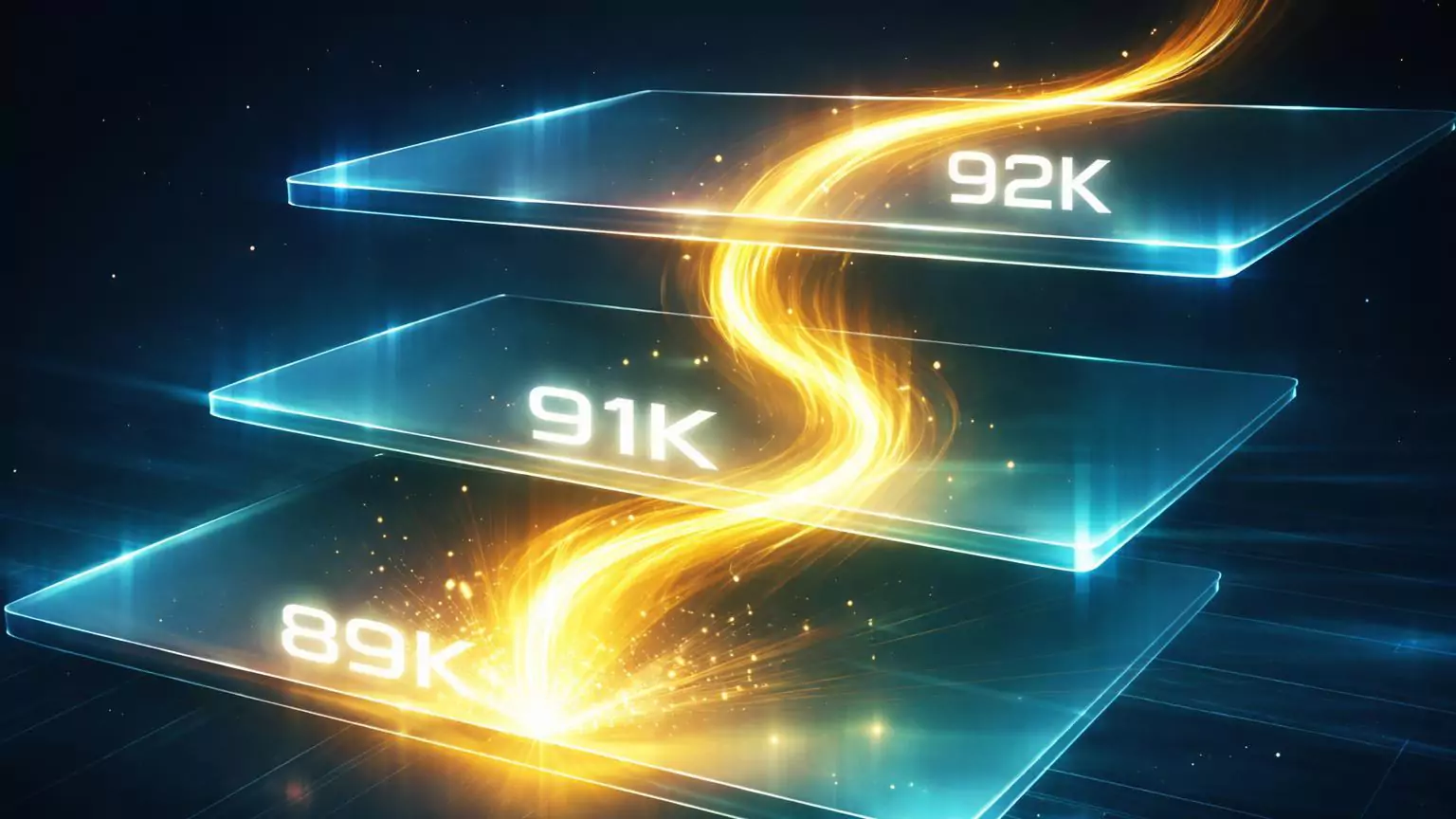 Fluxo dourado de energia testando barreira 89K, recuperando para 91K e aproximando 92K em camadas glassmorphism, simbolizando suporte e volume no Bitcoin