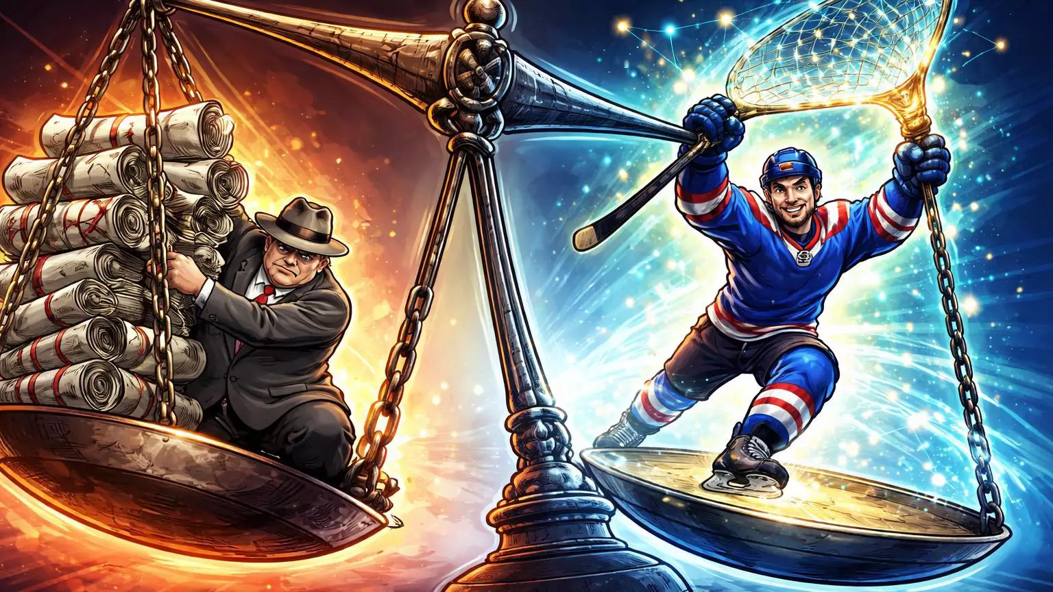 Balança cartoon com burocrata NY empilhando leis contra jogador de hóquei com rede cyan de apostas, destacando tensões regulatórias em prediction markets EUA