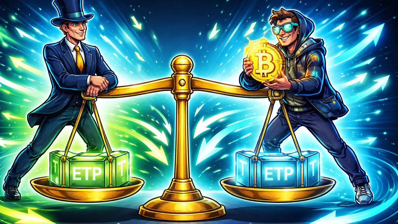 Banqueiro institucional e holder BTC cartoon em balança equilibrada com fluxos ETF bidirecionais, indicando fim do sell-off e otimismo para Bitcoin