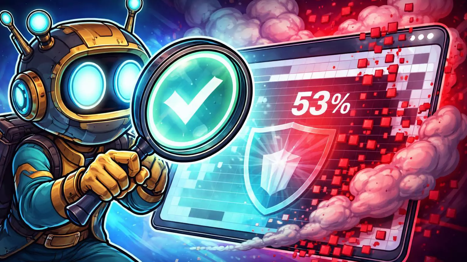 Personagem trader cartoon usando lupa para dissolver screenshot falso de Polymarket, revelando desinformação sobre fraude contra Tom Lee