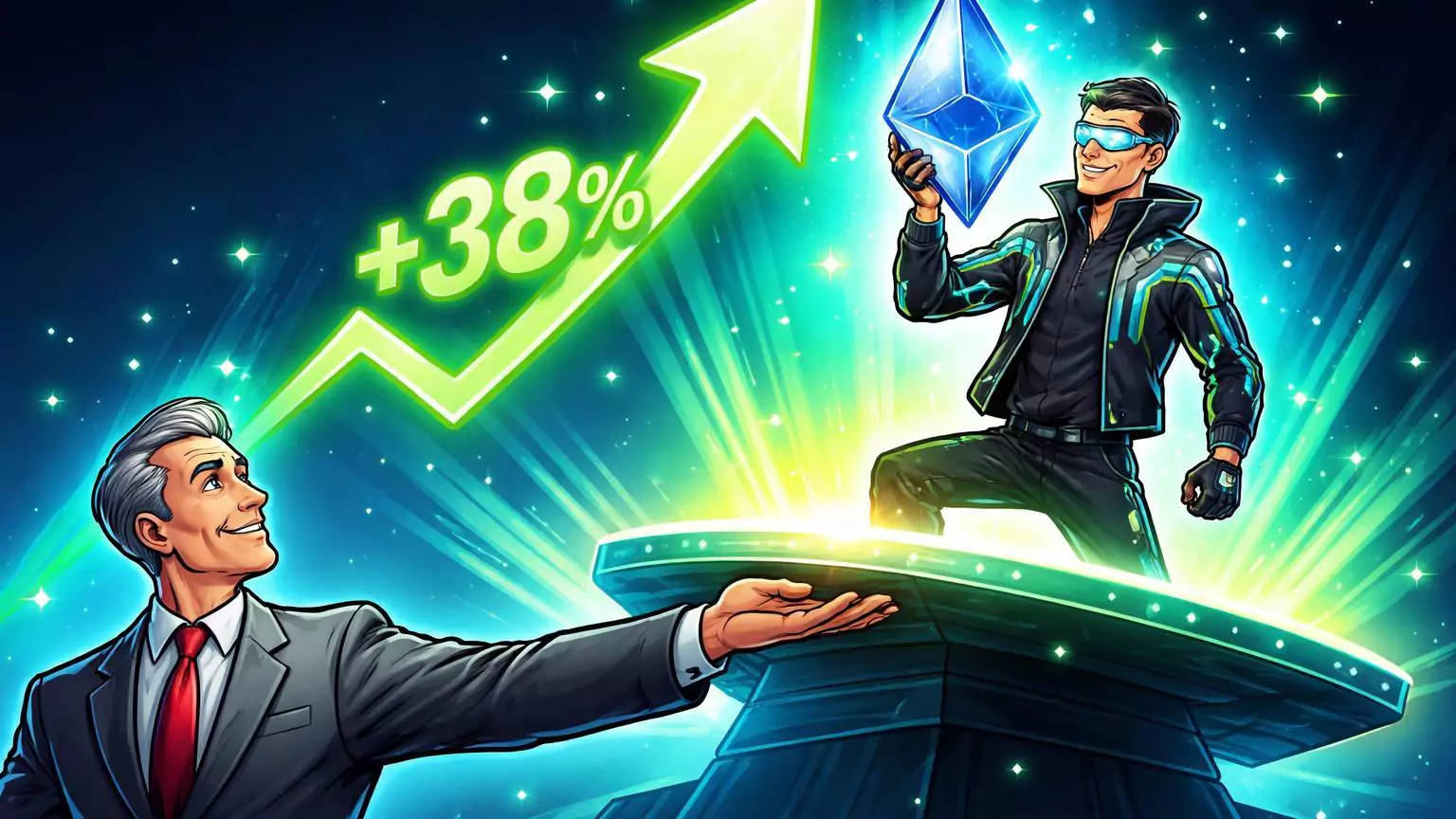 Banqueiro cartoon elevando plataforma tech com seta verde +38% e prisma Ethereum, simbolizando upgrade 'buy' da Coinbase pelo Bank of America