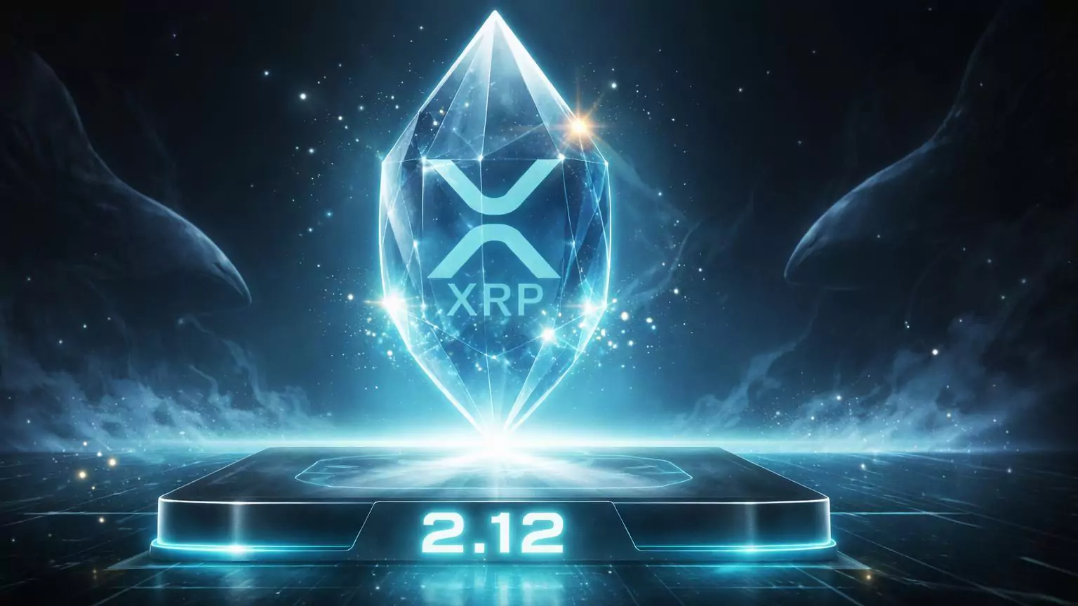 Cristal XRP translúcido oscilando sobre suporte 2.12 com partículas de liquidações dissipando e silhuetas de whales recuando, ilustrando consolidação técnica