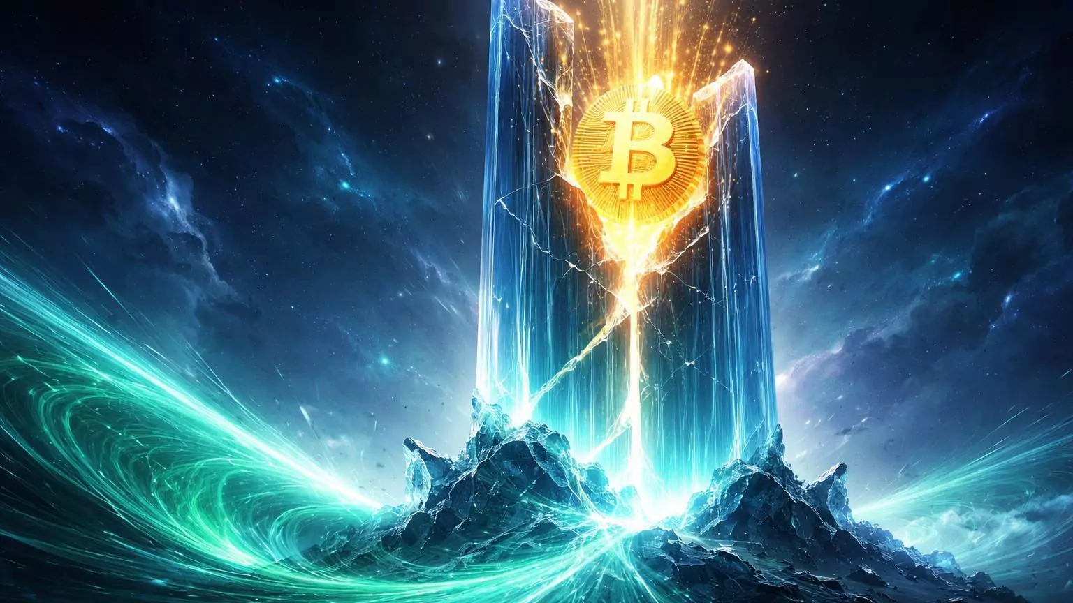 Pilar cristalino do dólar erodindo por ondas de liquidez verde-cyan, com núcleo dourado do Bitcoin emergindo em setup bullish macro