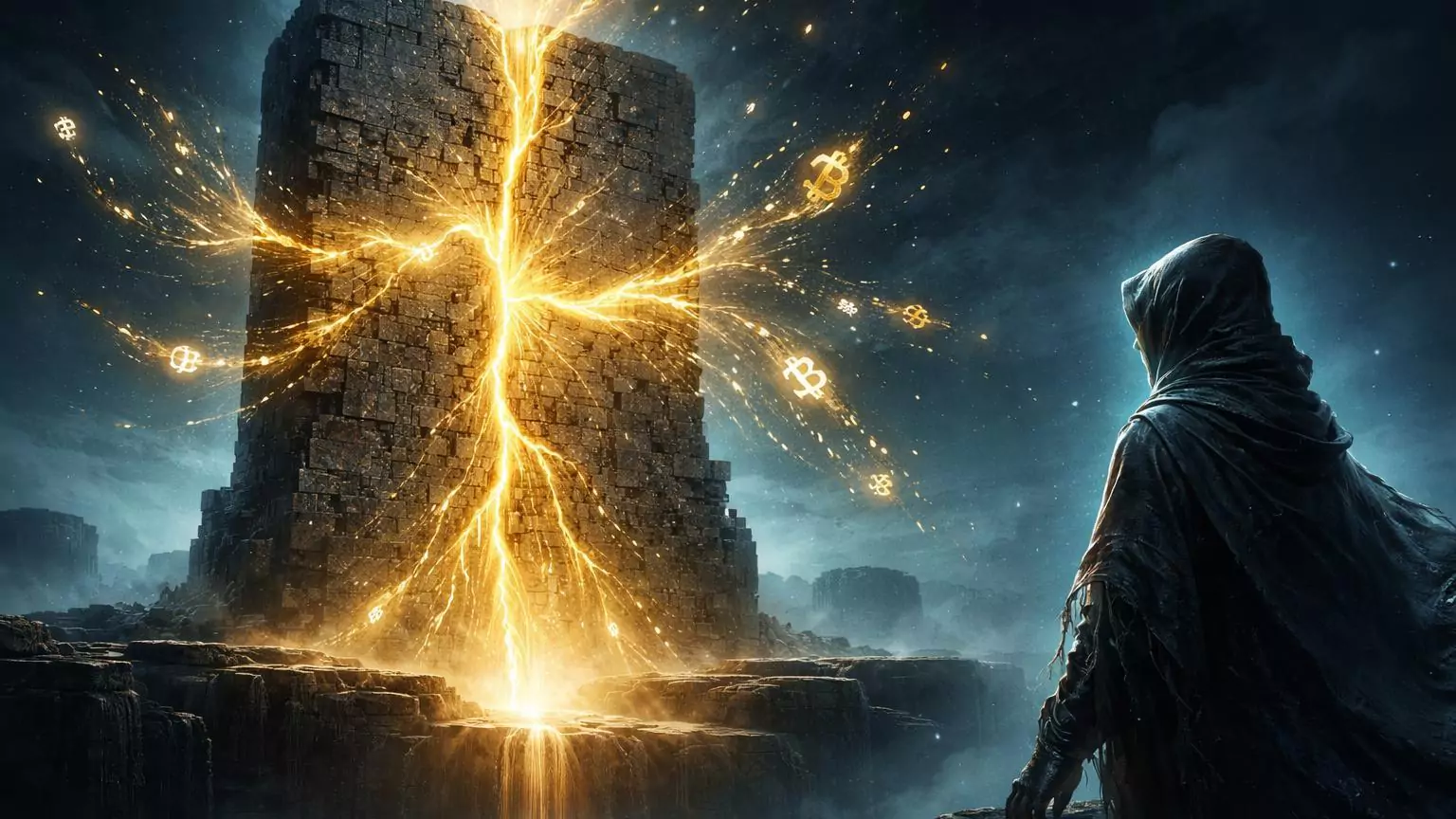 Monolito pixelado da era Satoshi rachando e liberando fluxo dourado de BTC, com silhueta de minerador fantasma, sinalizando movimentação on-chain histórica