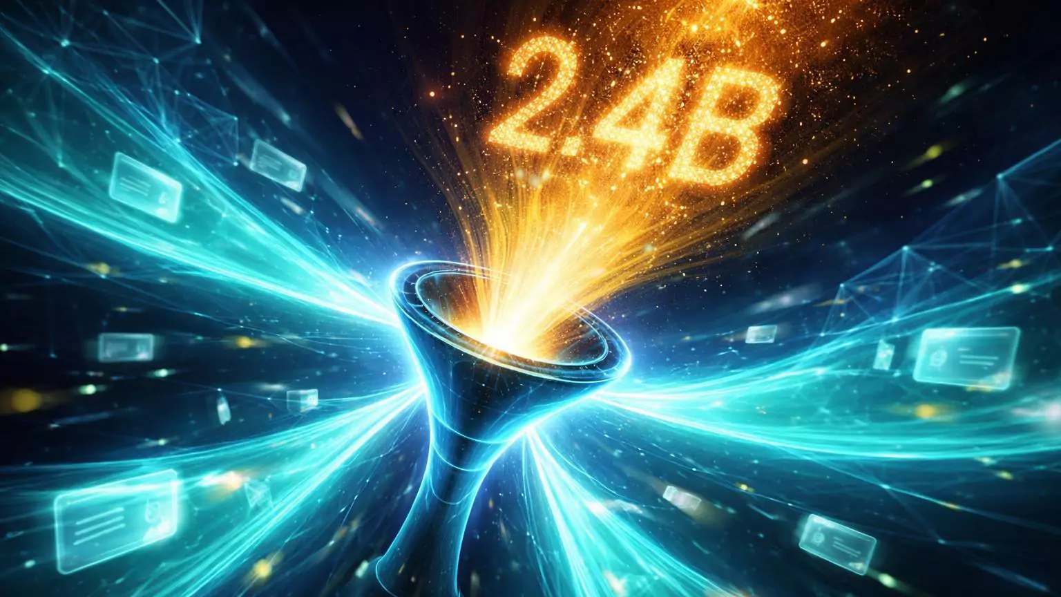 Fluxos cyan convergindo em funil Pump.fun expelindo jato dourado com 2.4B, representando recorde de receita de apps na Solana