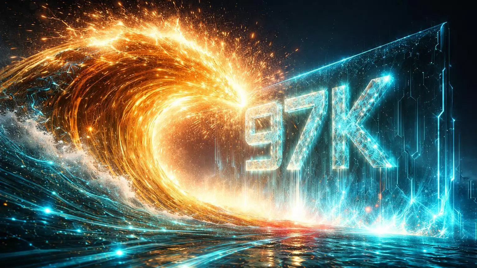 Onda dourada colossal quebrando barreira cristalina 97K em oceano digital cyan, simbolizando rali histórico do Bitcoin por ETFs e short squeeze