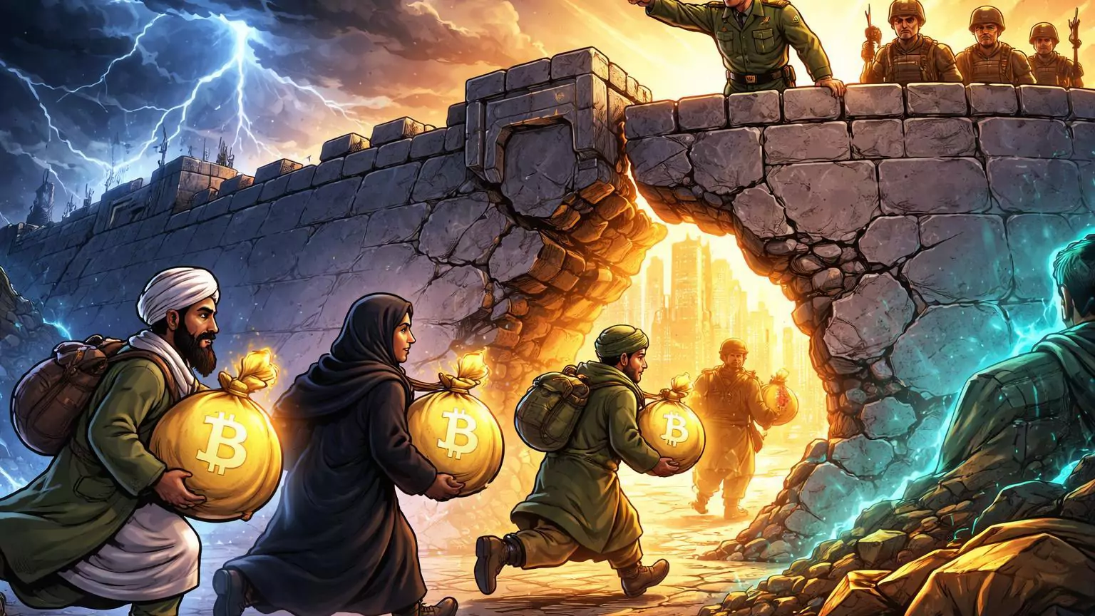 Personagens cartoon iranianos carregando sacos BTC por brecha em muralha de sanções, supervisionados por figura IRGC, simbolizando explosão da criptoeconomia apesar de conflitos