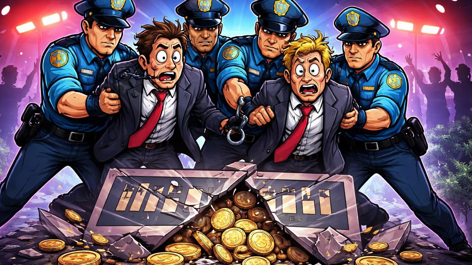 Policiais cartoon algemando golpistas com fachada falsa de bolsa desmoronando, representando prisões de quadrilha de golpes cripto no Vietnãm