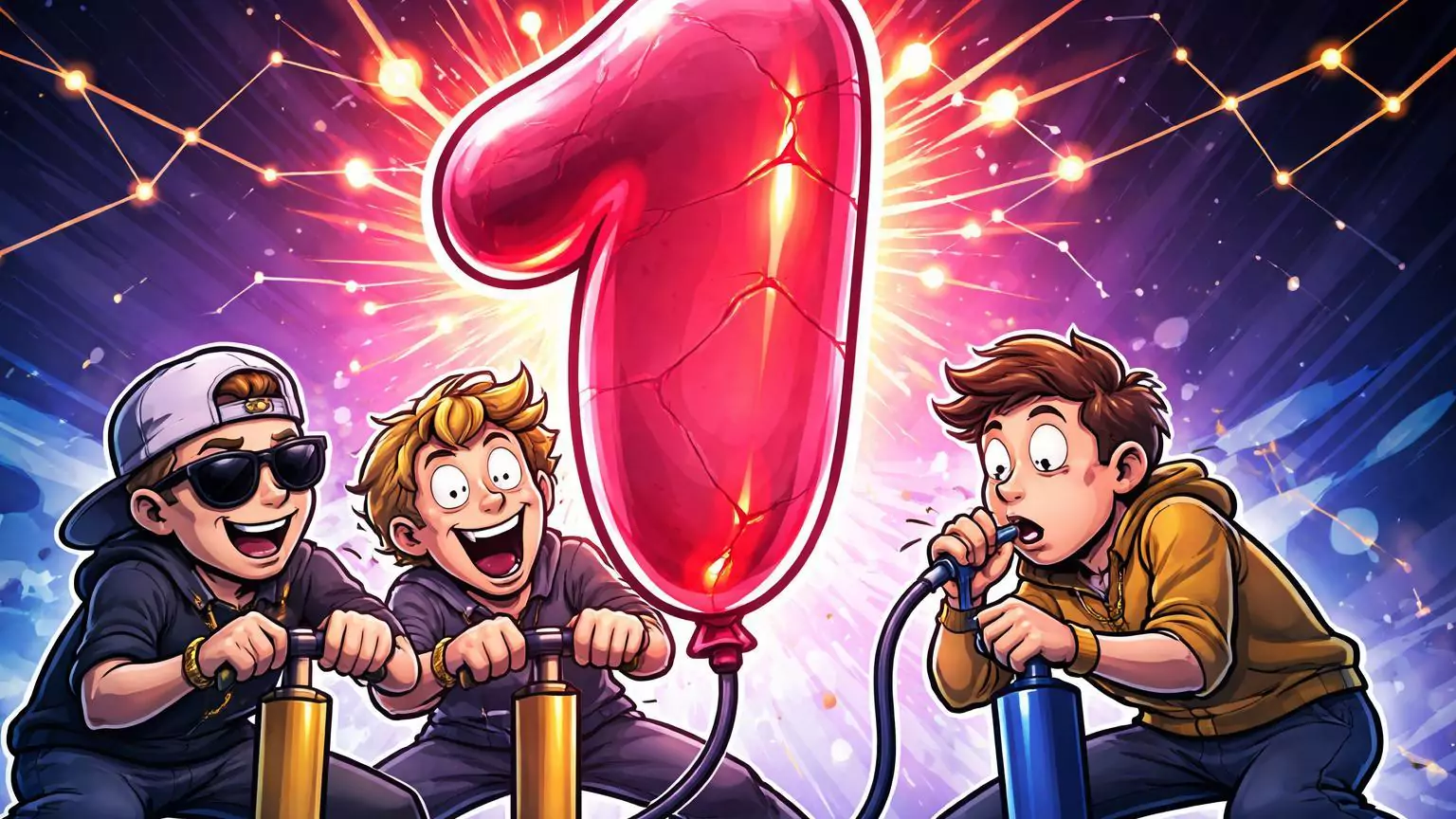 Personagens cartoon inflando balão gigante em forma de '1' prestes a explodir, simbolizando pump rápido e riscos de meme coin na BNB Chain