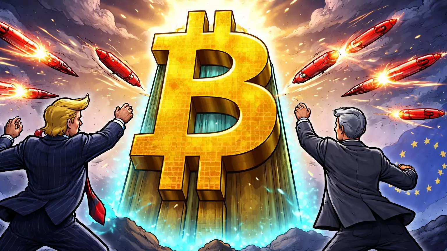 Fortaleza Bitcoin cartoon inabalável enquanto líderes EUA-UE cartoon arremessam tarifas, simbolizando resiliência em guerra comercial