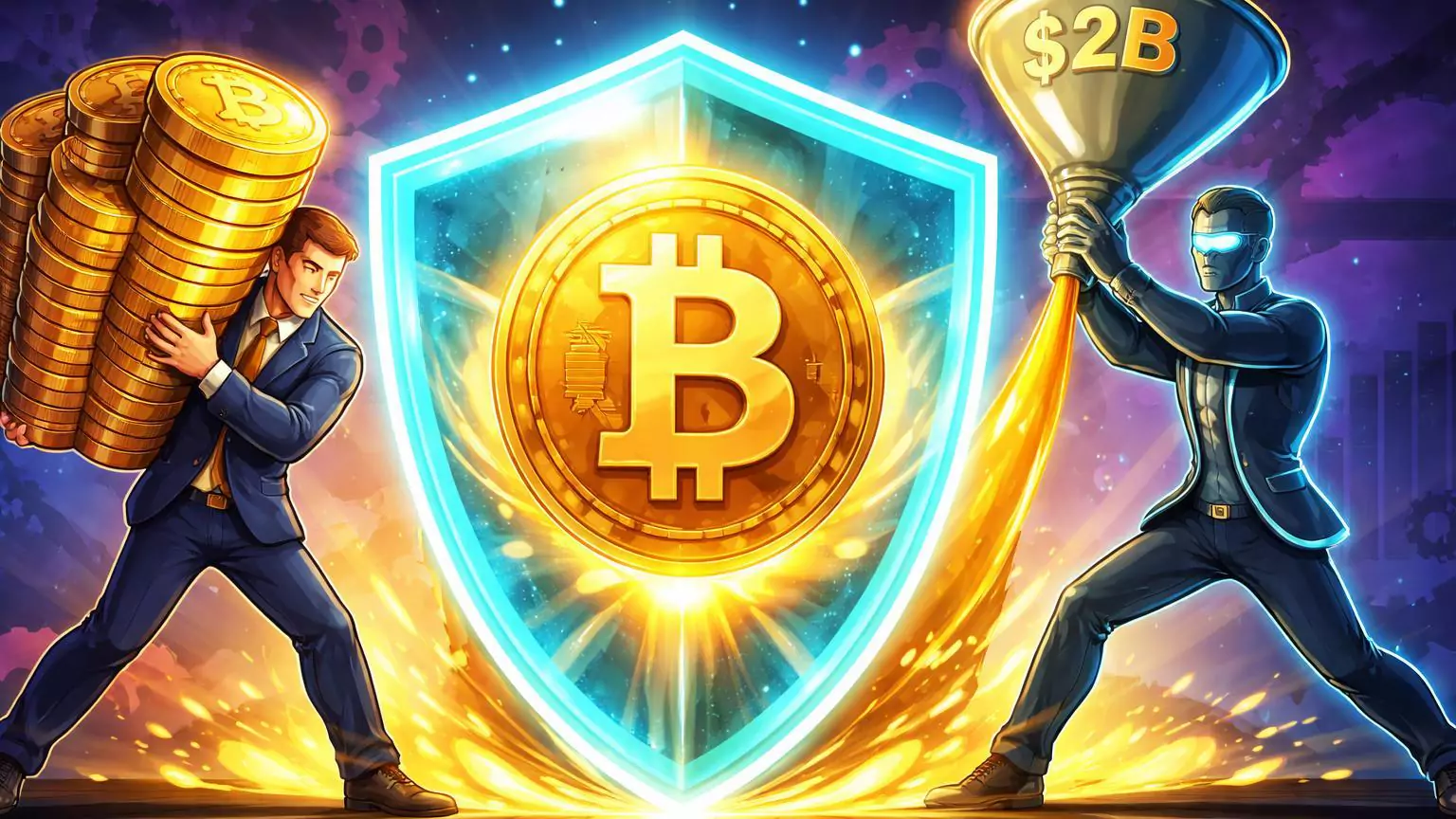 Executivos cartoon estilizados blindando núcleo Bitcoin com pilhas MSTR e inflows de ETFs, simbolizando proteção institucional recorde