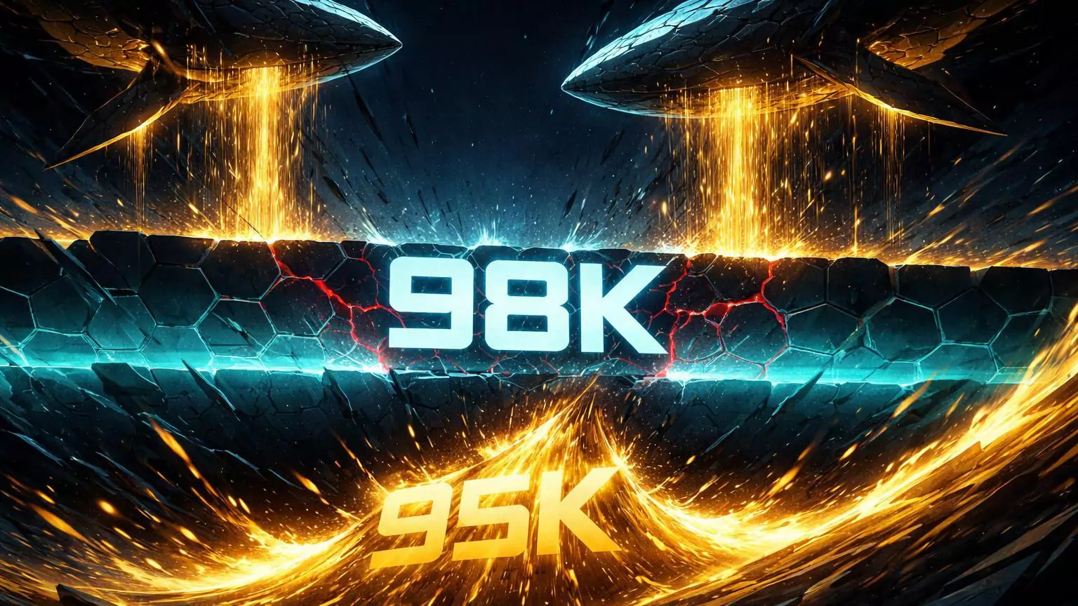 Barreira geométrica bold com 98K sob pressão de fluxos dourados de baleias abstratas sobre suporte 95K, simbolizando resistencia e cautela no Bitcoin