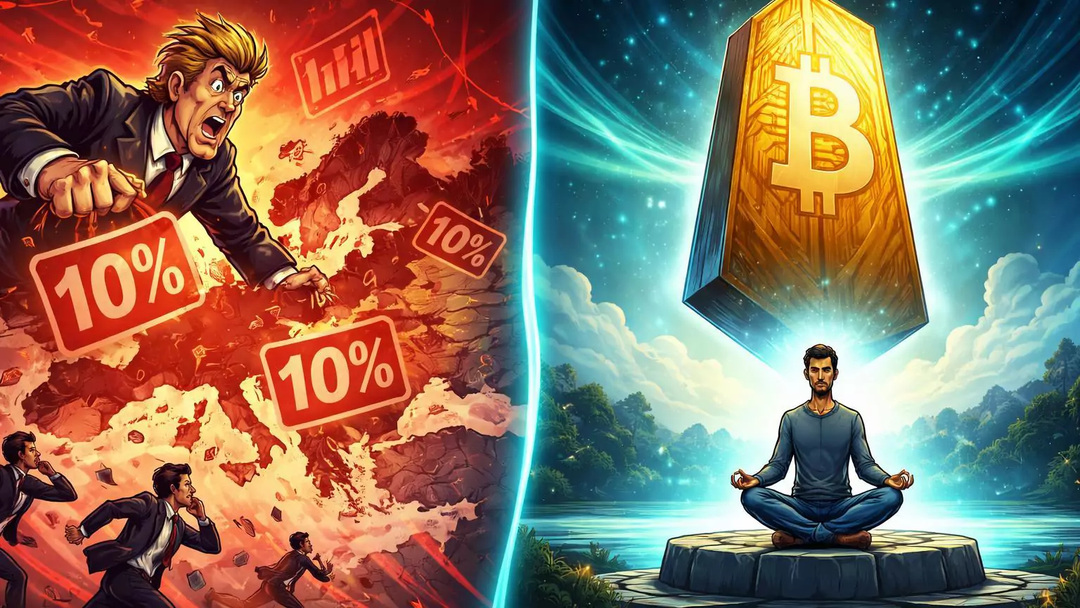 Metade esquerda com político cartoon impondo tarifas em mapa caótico, direita com monolito Bitcoin sereno e investidor zen, destacando descorrelação geopolítica