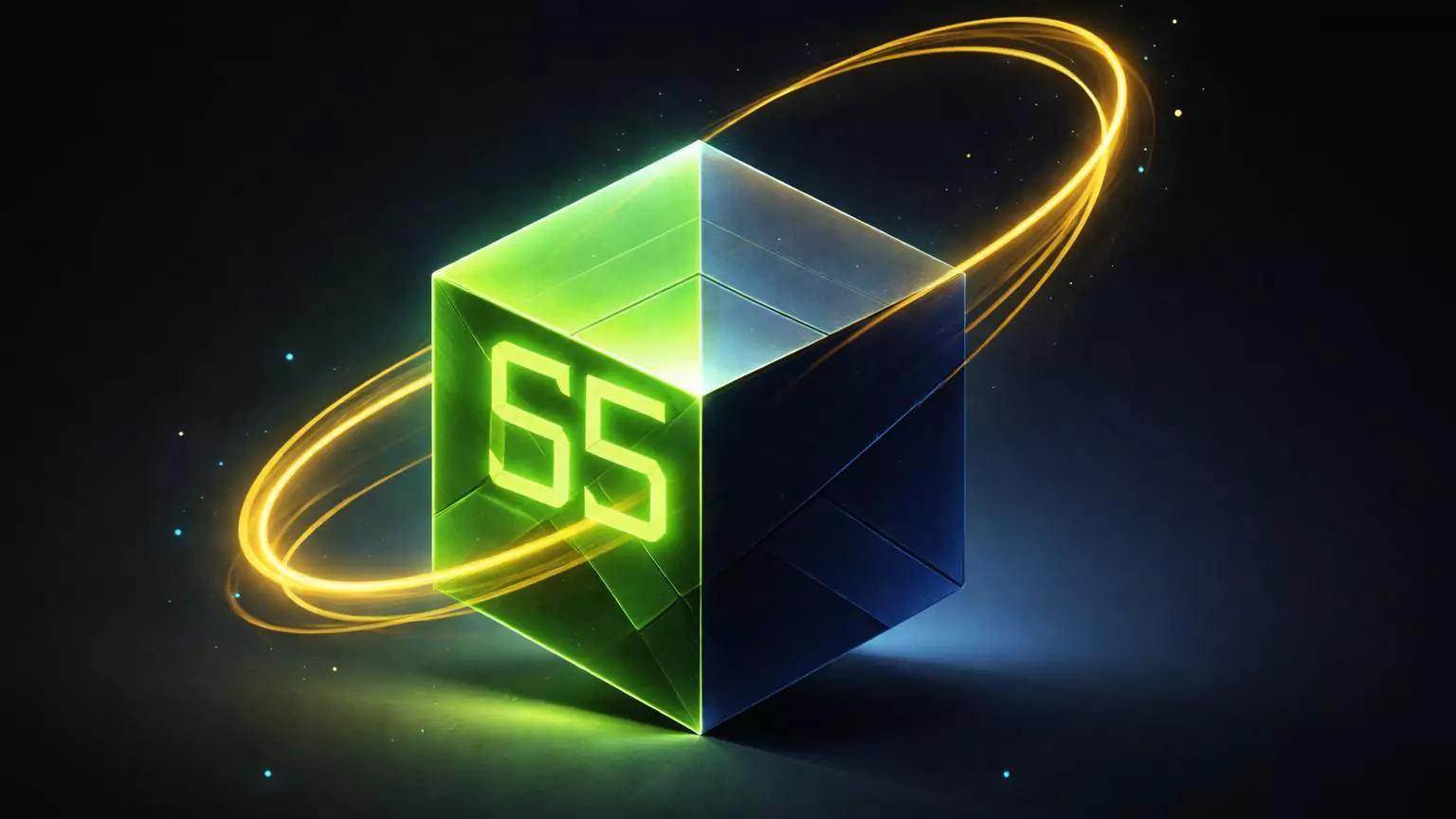 Cubo geométrico abstrato com 65% em verde neon e espiral dourada emergente, simbolizando chance de alta do Bitcoin em 2026 apesar ciclo alterado