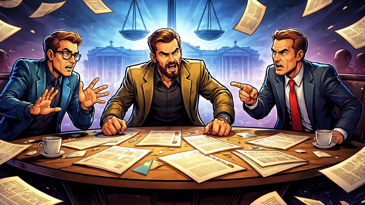 Líderes cripto cartoon debatendo intensamente em mesa caótica com papéis regulatórios, expondo divisões sobre CLARITY Act e SEC