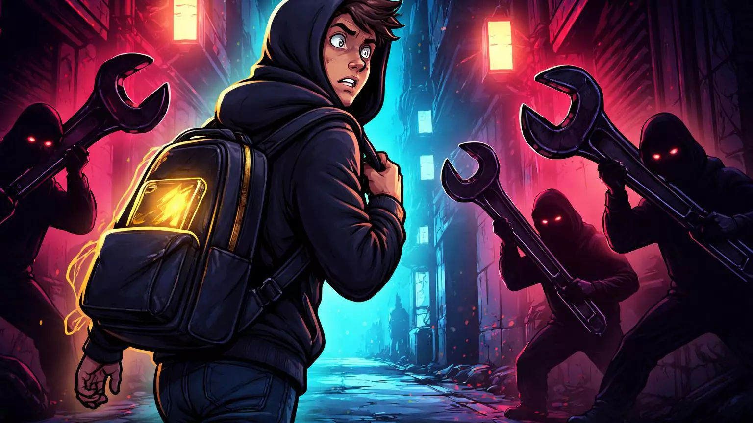Personagem cartoon de holder cripto em rua neon ameaçado por sombras com chave inglesa gigante, simbolizando alta de wrench attacks físicos