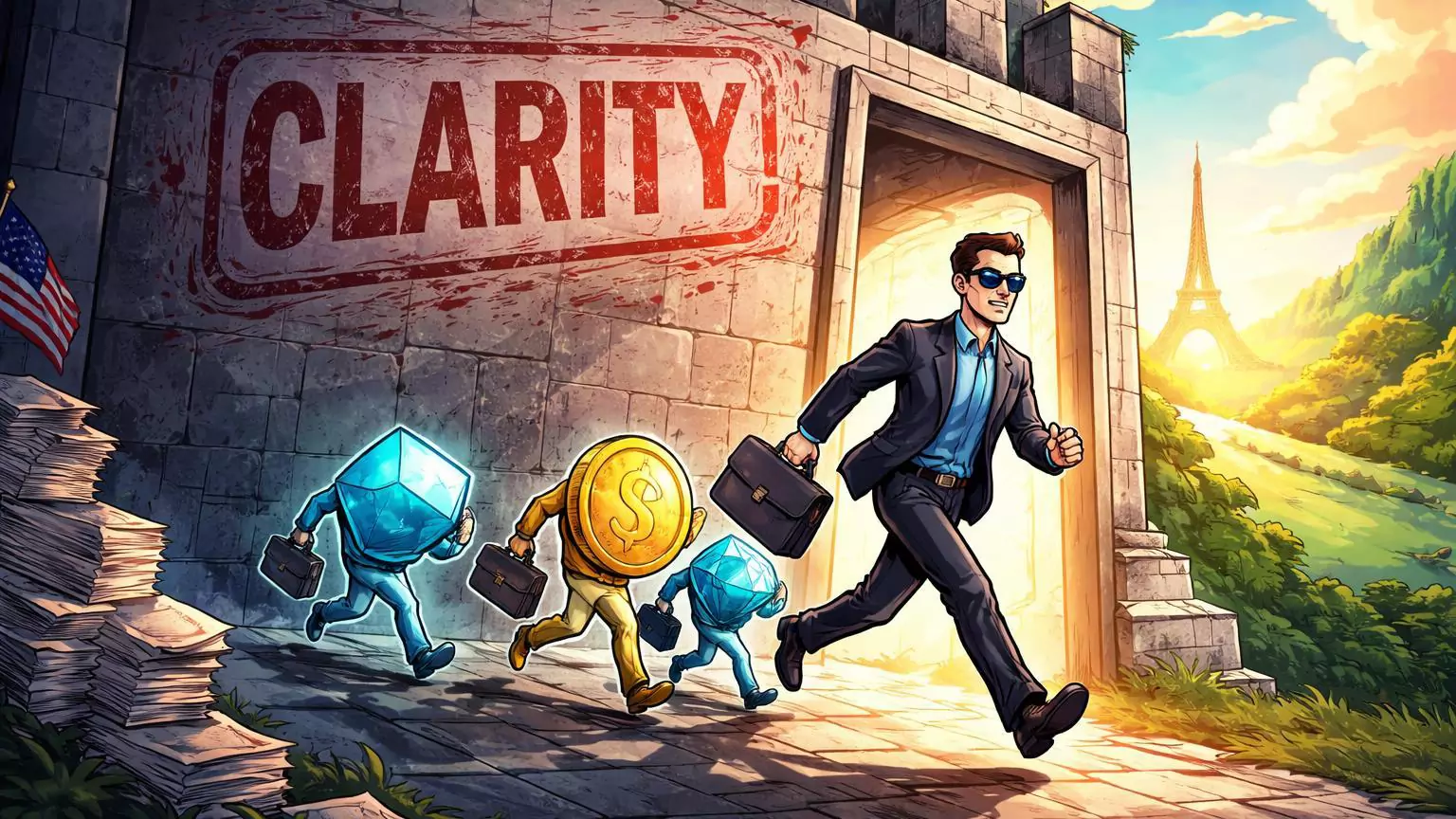 Personagens cartoon cripto e executivo Coinbase fugindo de muralha com selo CLARITY para horizonte europeu, alertando riscos do ato regulatório nos EUA