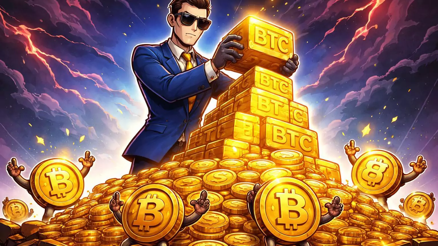 Personagem visionário cartoon empilhando blocos Bitcoin em tesouro imenso, ignorando nuvens de volatilidade, simbolizando compra de Saylor