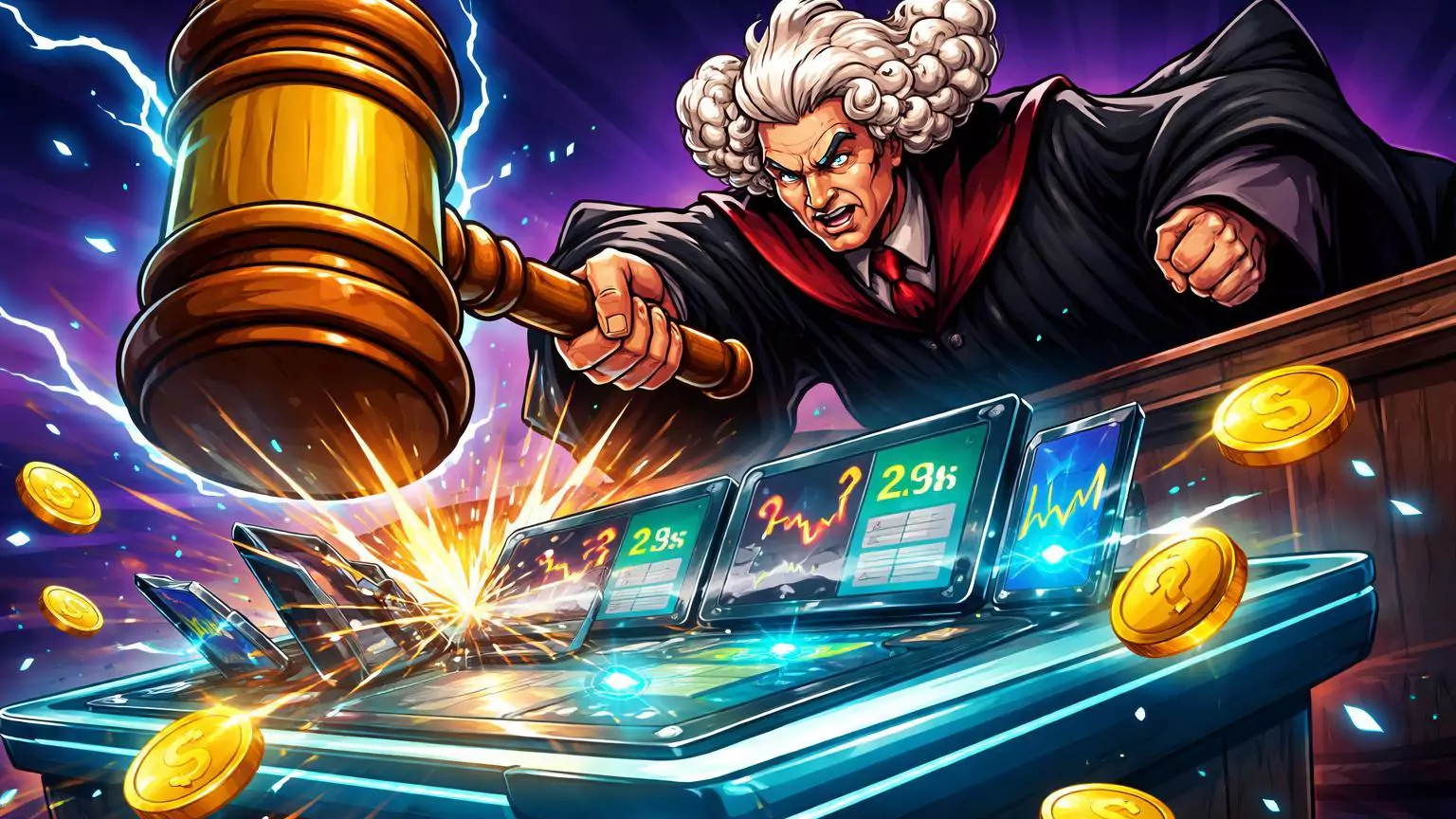 Juiz cartoon erguendo martelo sobre plataforma de prediction markets rachando, ilustrando suspensão regulatória da Kalshi em Massachusetts