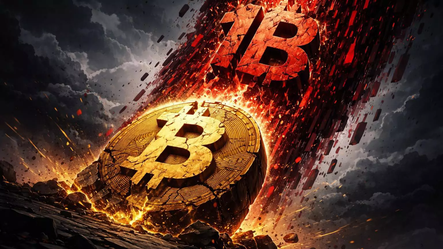 Cascata vermelha de fragmentos de liquidações caindo sobre monolito Bitcoin rachado, simbolizando US$ 1 bilhão em perdas e queda para 89K