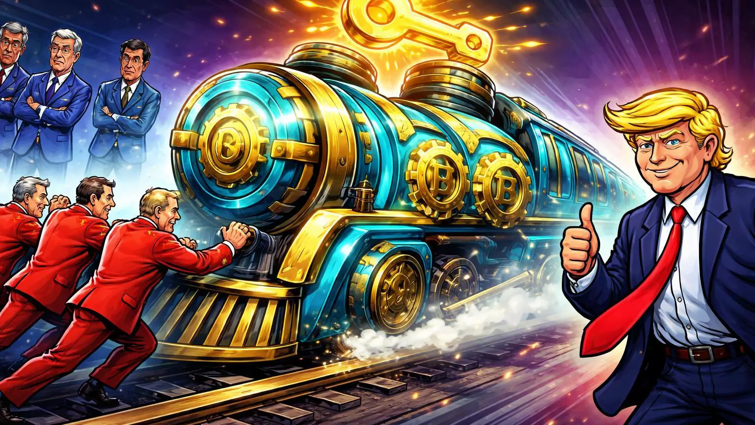 Senadores cartoon republicanos empurrando trem de lei pró-cripto, democratas hesitantes e Trump incentivando, ilustrando avanço regulatório nos EUA