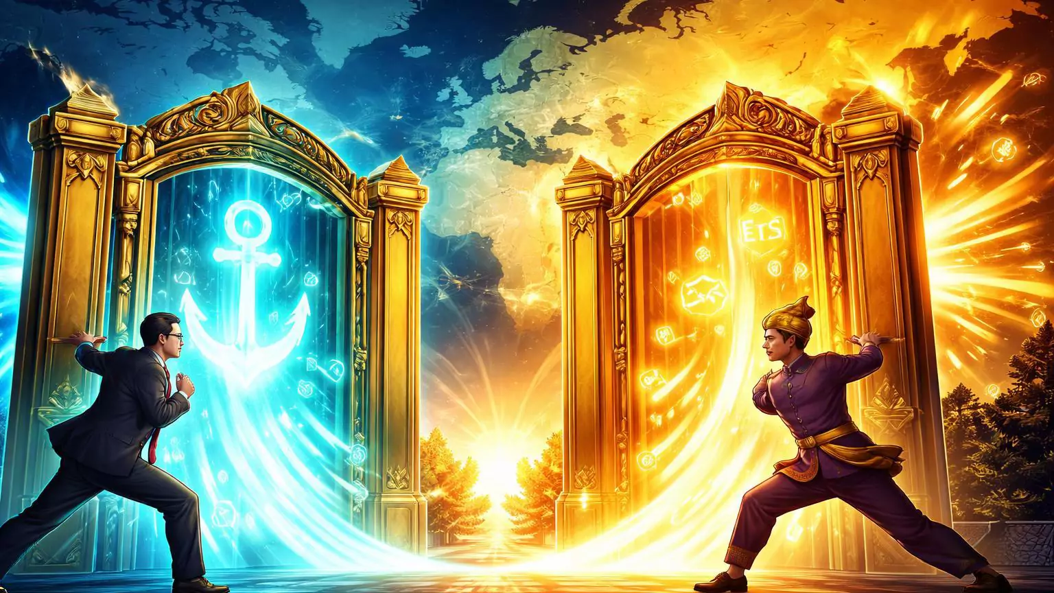 Personagens reguladores asiáticos cartoon abrindo portais luminosos para stablecoins e ETFs, simbolizando aceleração de licenças cripto em Hong Kong e Tailândia