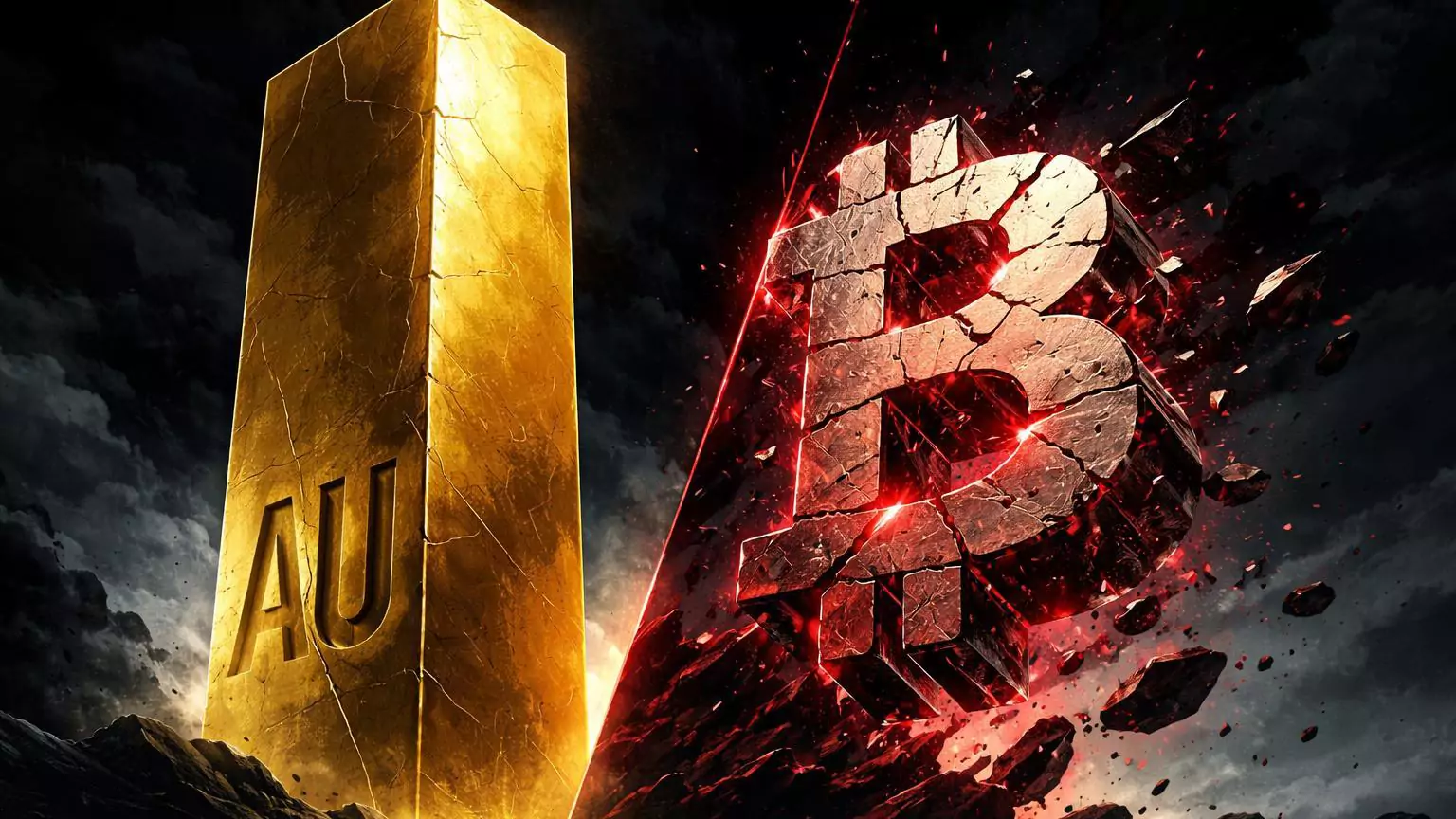 Monolito dourado intacto contrastando com prisma BTC fragmentado e rachado, simbolizando recordes do ouro versus queda do Bitcoin e questionamento do 'ouro digital'